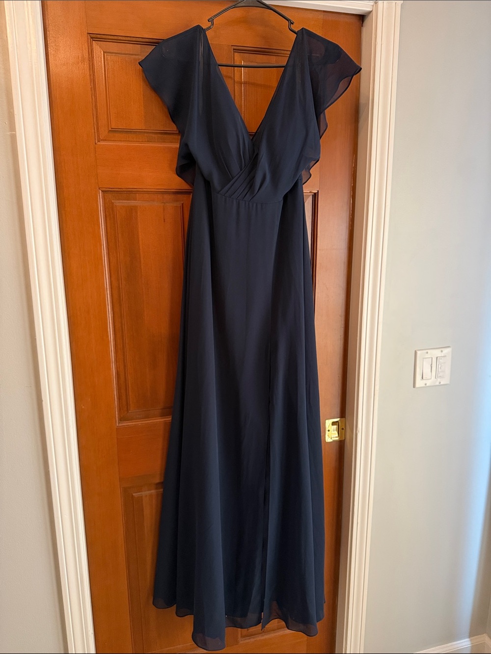 Jenny Yoo Elegant Navy V-Neck Maxi Dress with Flutter Sleeves